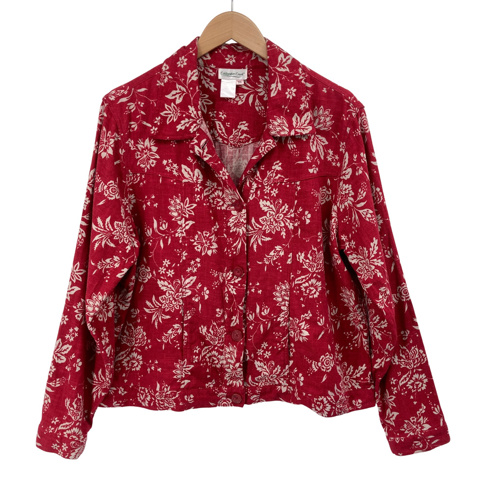 Coldwater Creek Red Floral Linen Blend Jacket XL Button Front Lightweight